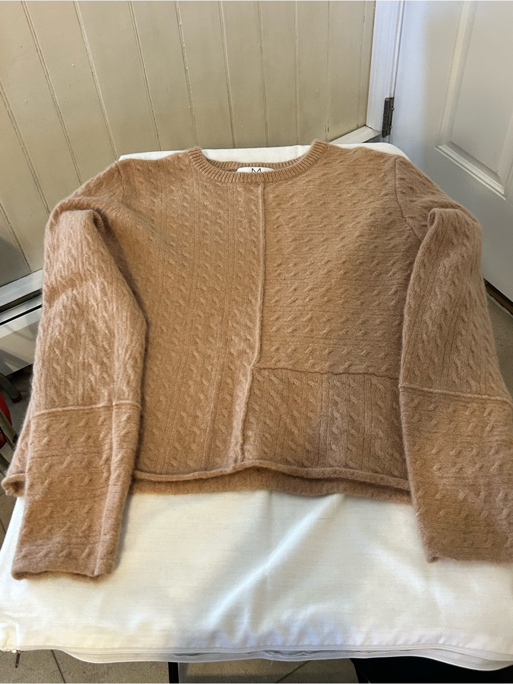 Magaschoni NWOT 100% Cashmere Cable Knit Rolled Hem Seam Sweater Tan Size Large